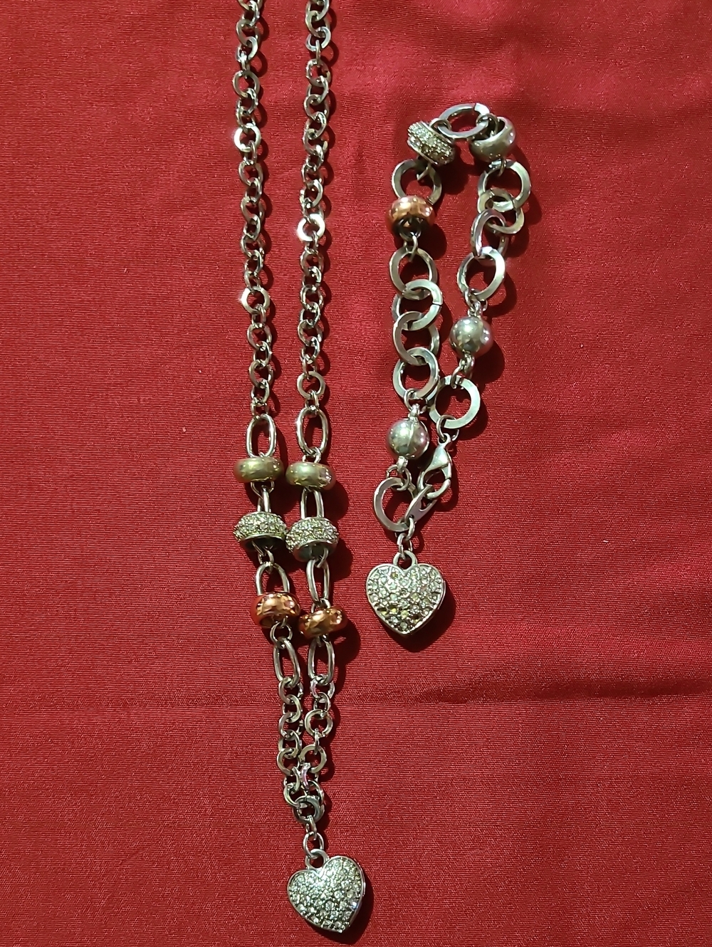 Pave Heart Pendant Necklace and Bracelet Set - Silver Tone